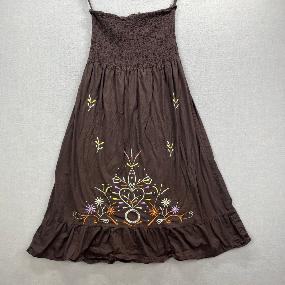 Raya Sun Dress Womens XL Brown Embroidered Smocked Midi Boho Hippie Cottagecore